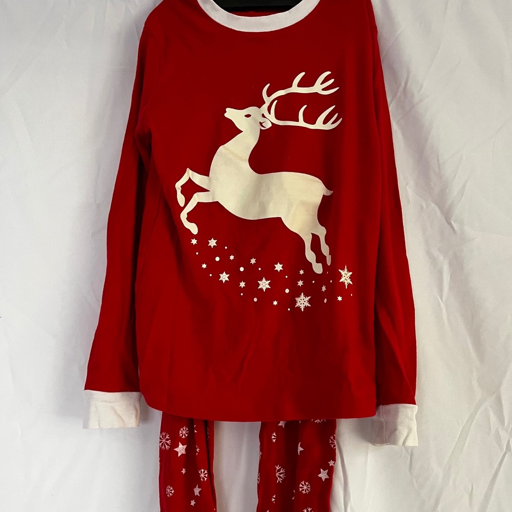 Kids Red Christmas Reindeer Snowflake Pajama Set‎ Long Sleeve Pants glow in dark